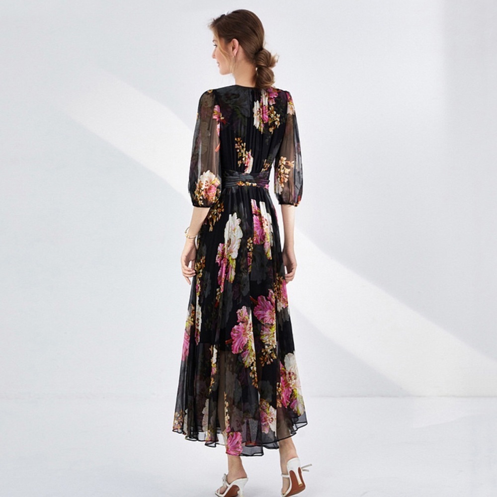 100% Silk Maxi Dress Floral Print For Beach honeymoon moon sz XL-2XL - Picture 3 of 9